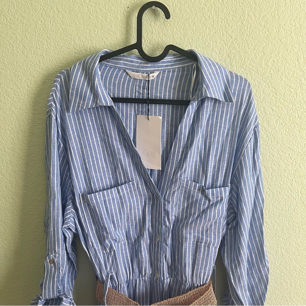 Zara Belted Linen Midi Shirt Dress V-Neck Tab Sleeve Striped Blue White Size XL - Picture 5 of 11
